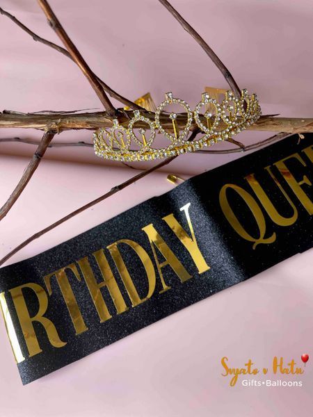 Стрічка Birthday Queen чорна з золотом глітерна для день народження 29013909 фото